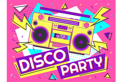 Disco party banner. Retro music poster&2C; 90s radio and tape cassette pl