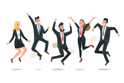 Jumping business team. Office workers jump, happy corporate colleagues