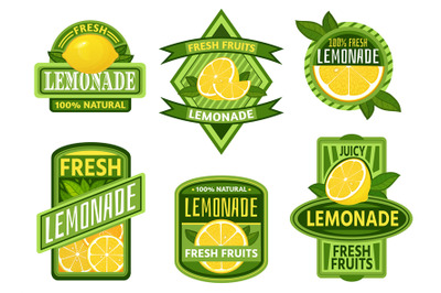 Lemonade badges. Lemon drink emblem badge, fresh fruits lemons juice v