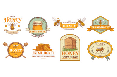 Honey badge. Natural bee farm product label, organic beekeeping pollen