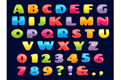 Color cartoon font. Chubby colored letters, fun kids games alphabet an