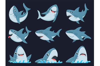 Ocean shark mascot. Scary sharks animals, smiling jaws and swimming sh