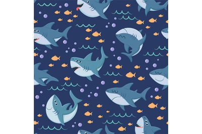 Cartoon sharks pattern. Seamless ocean swim, marine shark and sea unde