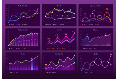 Line graph charts. Business financial graphs, marketing chart graphics