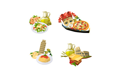 Vector cartoon italian cuisine elements isolated on white