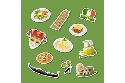 Vector cartoon italian cuisine elements stickers set illustration