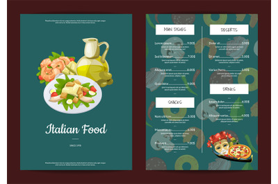 Vector cartoon italian cuisine cafe or restaurant menu