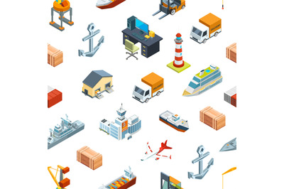 Vector isometric marine logistics and seaport pattern or background il