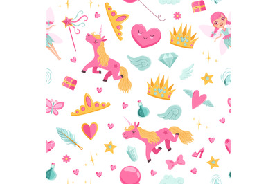 Vector cute cartoon magic and fairytale elements pattern or background