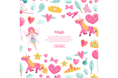 Vector cute artoon magic and fairytale elements background with place