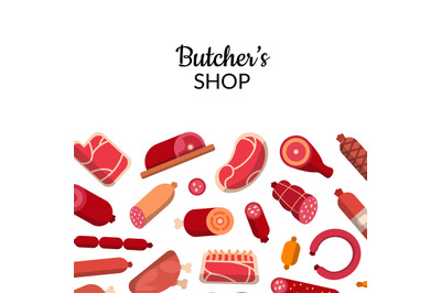 Vector flat meat and sausages icons background with place for text ill