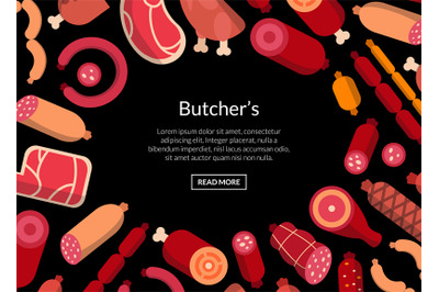 Vector flat meat and sausages icons pattern or background illustration