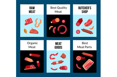 Vector flat meat and sausages icons card or flyer template illustratio