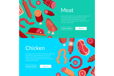 Vector flat meat and sausages icons web banner templates illustration