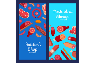 Vector flat meat and sausages icons web banner templates illustration