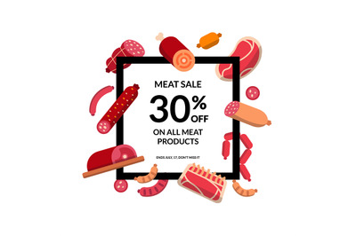 Vector flat meat and sausages frame isolated