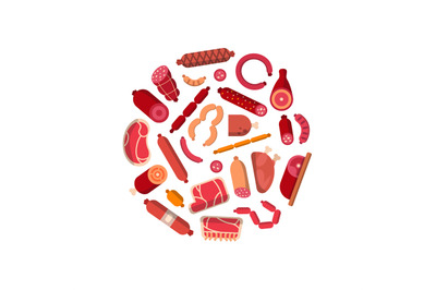 Vector flat meat and sausages icons in circle shape illustration