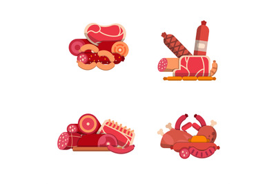 Vector flat meat and sausages icons piles set isolated on white backgr