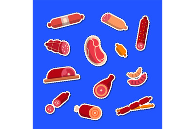 Vector flat meat and sausages icons stickers set illustration