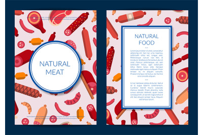 Vector flat meat and sausages icons card or flyer template illustratio