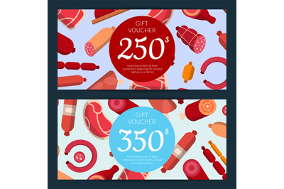Vector flat meat and sausages icons discount or gift voucher