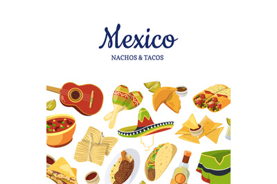 Vector cartoon mexican food background with place for text illustratio