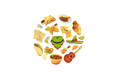 Vector cartoon mexican food in circle shape illustration