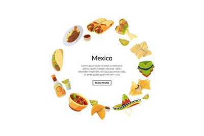 Vector cartoon mexican food in circle shape with place for text illust