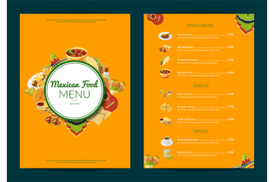 Vector cartoon mexican food cafe restaurant menu template illustration