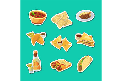 Vector cartoon mexican food stickers set illustration