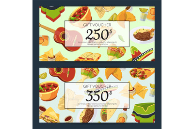 Vector cartoon mexican food discount or gift voucher templates illustr