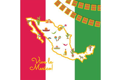 Vector flat Mexico attributes on map mexican flag