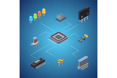 Vector isometric microchips and electronic parts icons infographic con