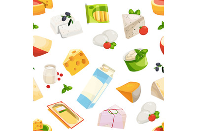 Vector cartoon dairy and cheese products pattern or background illustr