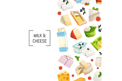 Vector cartoon dairy and cheese products background with place for tex