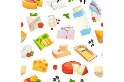 Vector cartoon dairy and cheese products pattern or background illustr