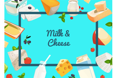 Vector cartoon dairy and cheese products background with place for tex