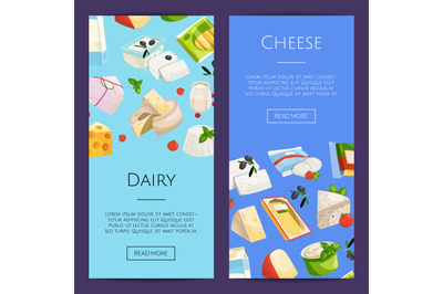 Vector cartoon dairy and cheese products web banner templates illustra