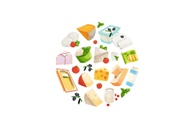 Vector cartoon dairy and cheese products in circle shape illustration