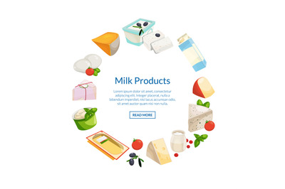 Vector cartoon dairy and cheese products in circle