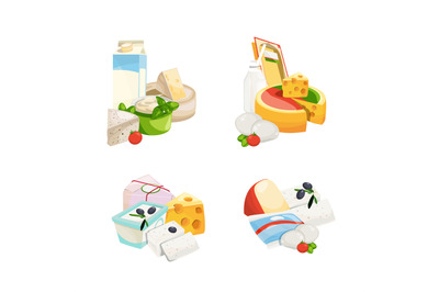 Vector cartoon dairy and cheese products piles set isolated on white b