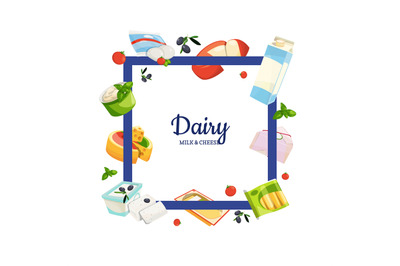 Vector cartoon dairy and cheese products with place for text illustrat