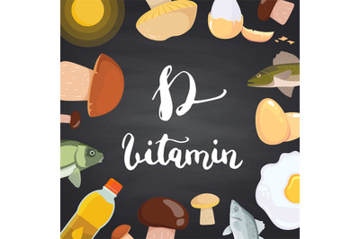 Vector vitamin D elements, mushrooms, eggs, sun and fish on black chal