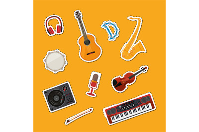 Vector cartoon musical instruments stickers set illustration