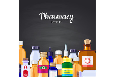 Vector pharmacy medicine bottles background on black chalkboard illust