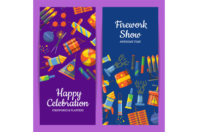 Vector cartoon pyrotechnics vertical flyer templates for party&2C; firewo