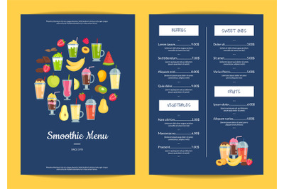 Vector flat smoothie elements cafe or restaurant menu template illustr