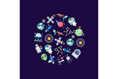 Vector flat space icons in circle shape illustration