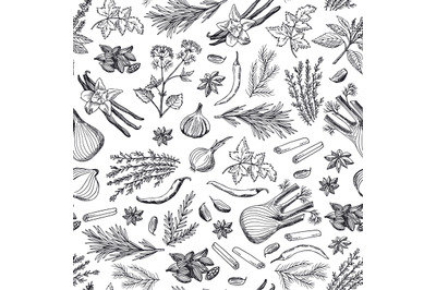 Vector hand drawn herbs and spices background or pattern illustration