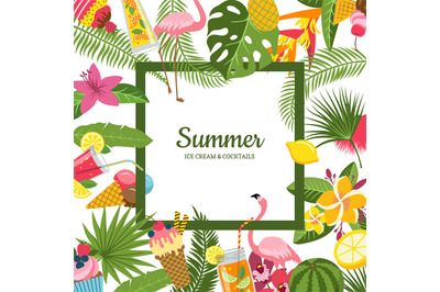 Vector flat cute summer cocktails&2C; flamingo&2C; palm leaves background